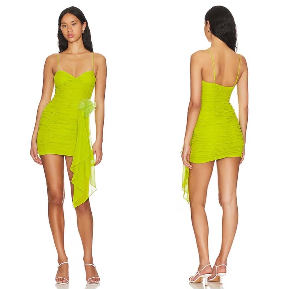 FOR LOVE & LEMONS Lorlai Ruched Rosette Train Green Mini Dress Size XS